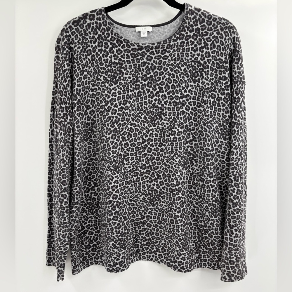 J Jill Gray Cotton Blend Animal Print Leopard Thin Knit Sweater Size Large